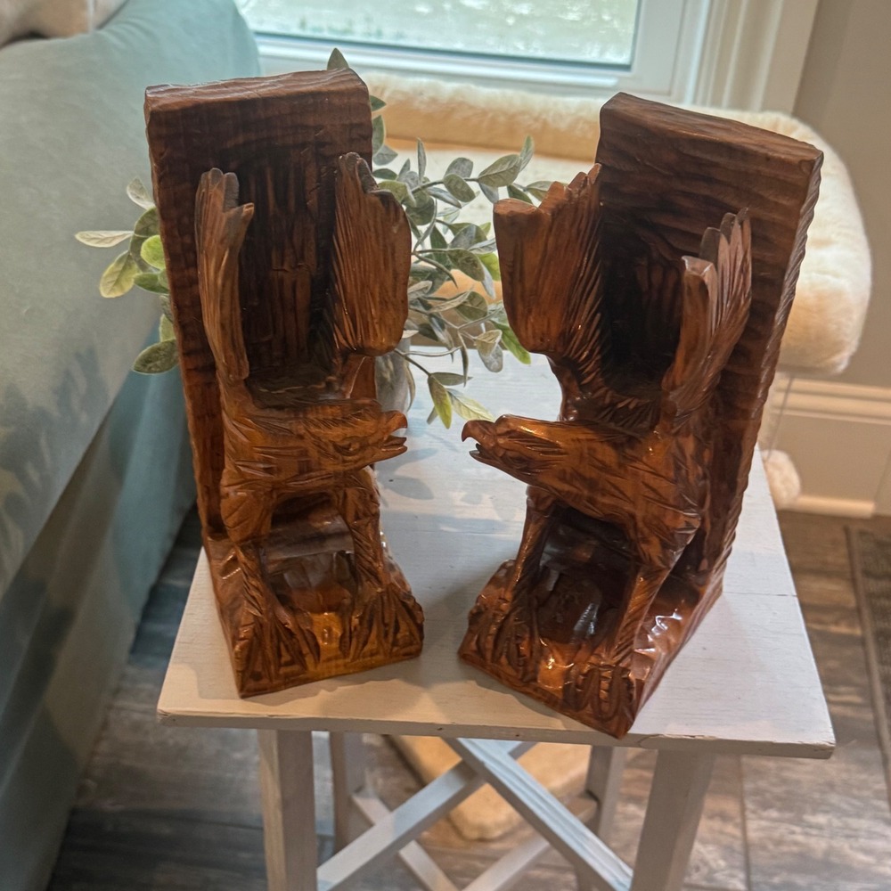 Vintage OOAK Hand Carved Wood Eagle Patriotic Bookends Set Brown Rustic Cabin
